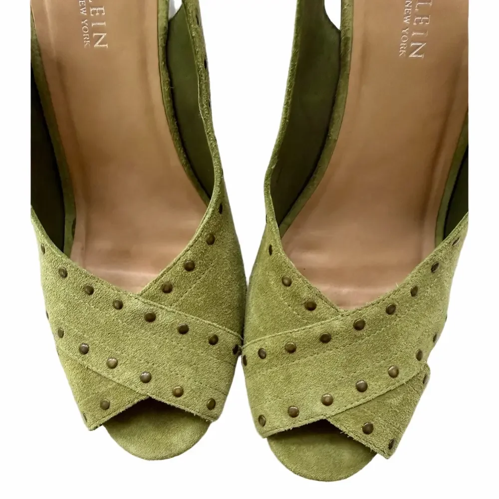 Vintage Anne Klein NY Suede Size 10 Olive Green Studded Wedge High Heel Sandals